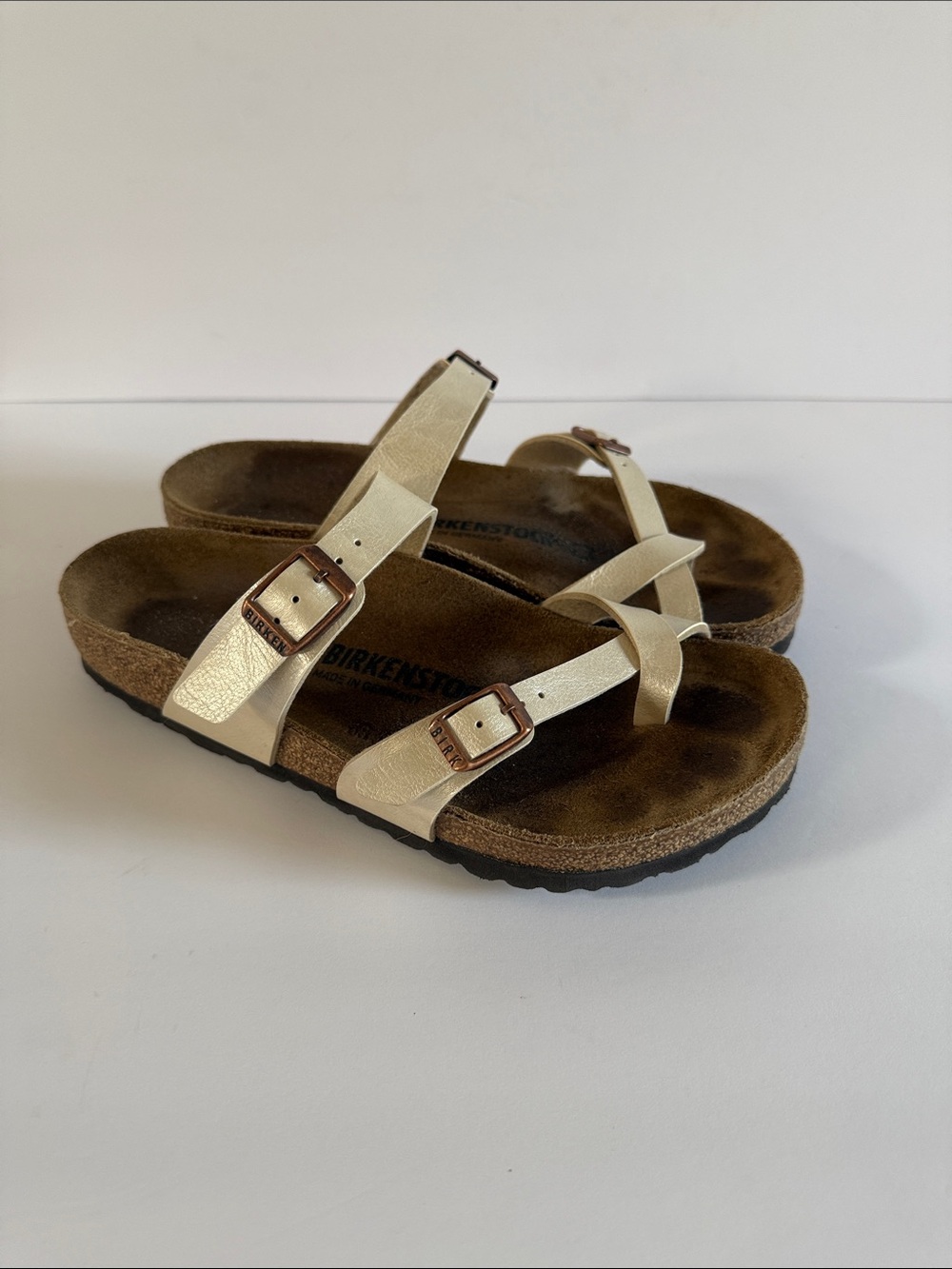 Birkenstock Mayari Metallic Cream Double-Strap Slide Sandals
